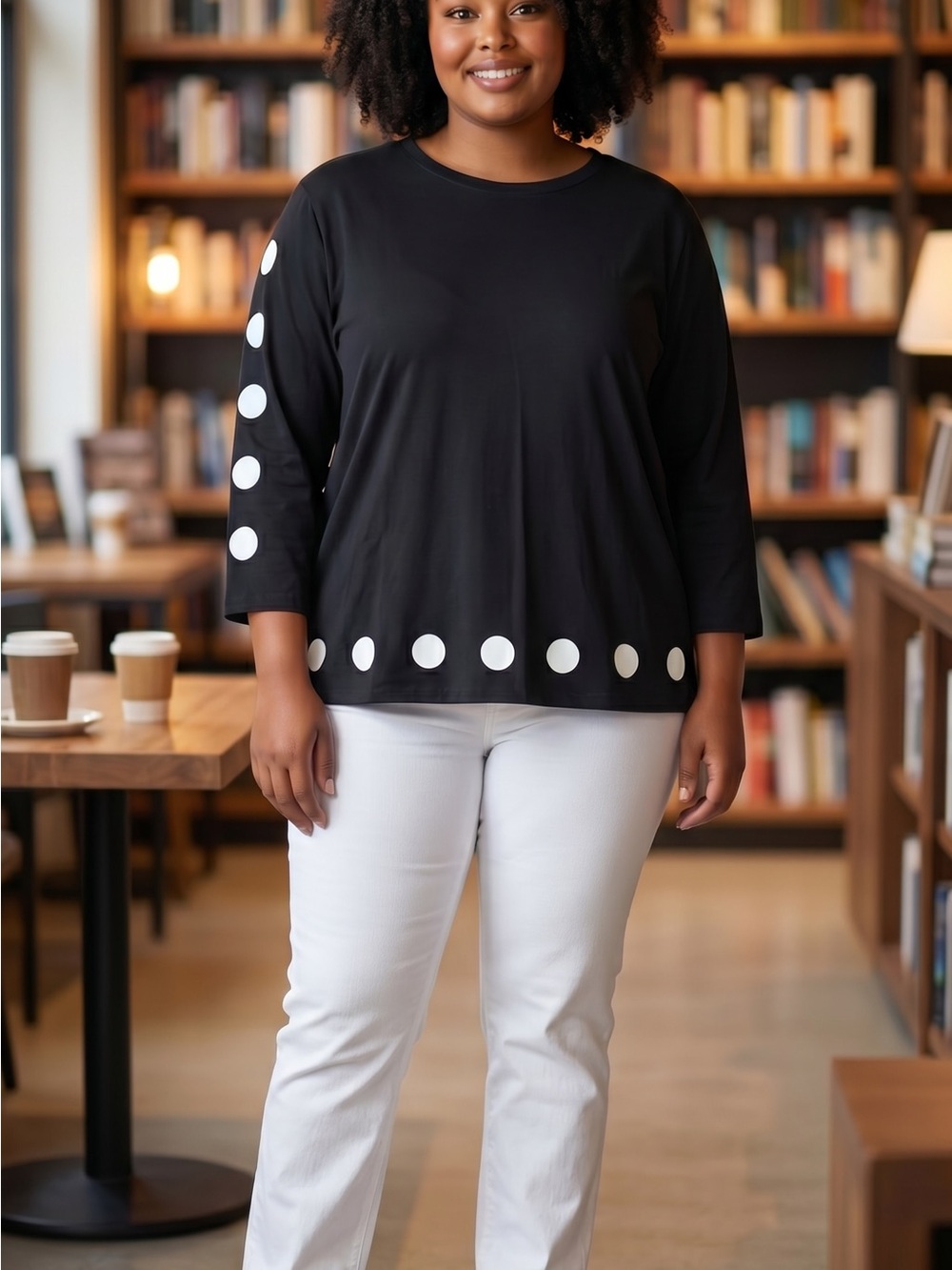 Vecceli Italy Black Long-Sleeve Top with Large White Dot accents